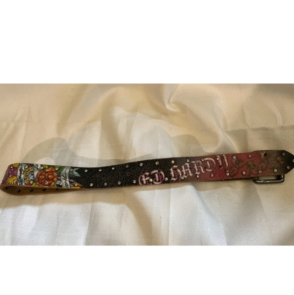 Ed Hardy For The World Rhinestone Studded Pink Black Tattoo Leather Belt Sz S-M - Picture 13 of 16
